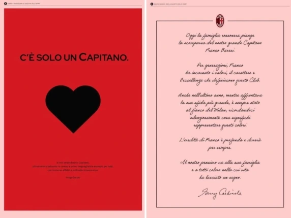 Il manifesto di Sacchi per Baresi: «Mio straordinario Capitano, ultimo eroico baluardo»